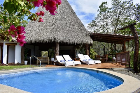 Private pool and outdoor lounge area surrounded by lush tropical jungle