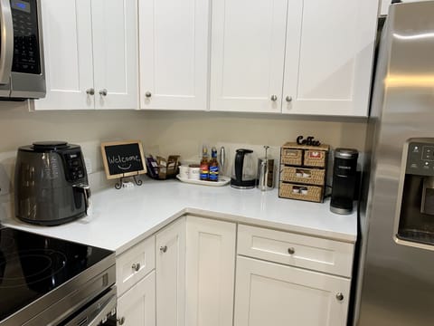 Coffee and tea nook with Keurig, coffee and tea supplies, caffeine free teas