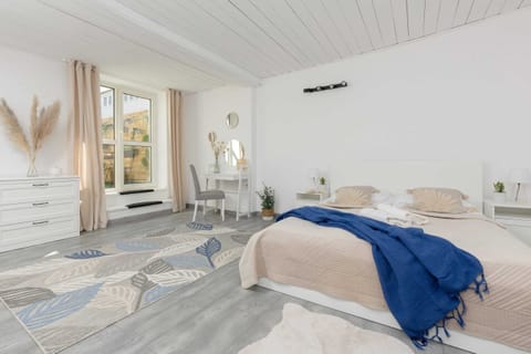 A spacious and bright bedroom featuring a comfortable double bed with blue bedding, a stylish rug, and light decor for a relaxing ambiance.