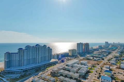 Aerial view of the Lighthouse Condos, showcasing our prime location near the best dining and entertainment in Gulf Shores.