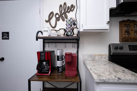 Full coffee bar. K-cups, coffee, creamer, and sugar provided.
