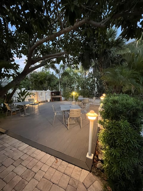 Outdoor dining area with grill