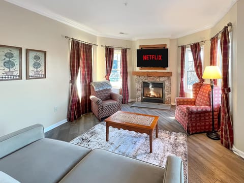 Cozy living room with fireplace and sunlit bay windows