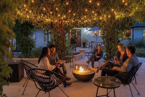 relax around the fire pit under the vine covered gazebo