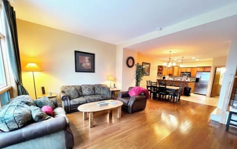 Open Plan Living Area with natural gas fireplace and queen pullout sofa bed.