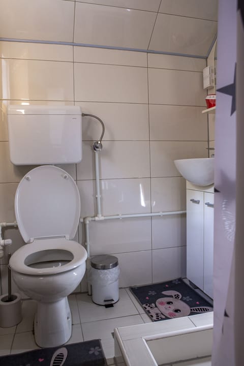 Full bathroom with toilet, sink, towels and shower