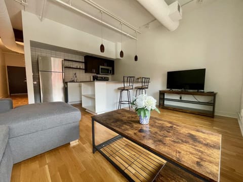 Living room area with sleeper sofa, large island and fully equipped kitchen