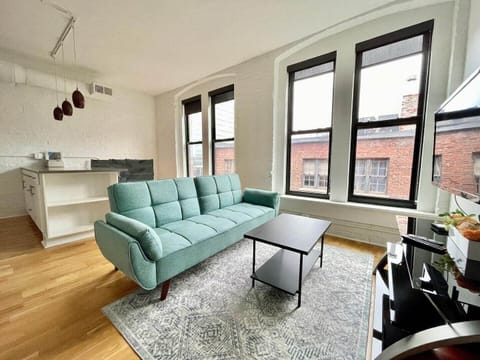 Living room space with tv and futon sofa