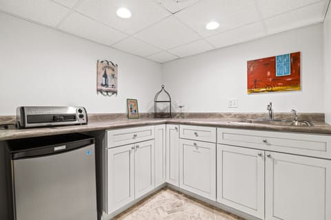 Lower level Kitchen with sink, pizza oven, and mini fridge.