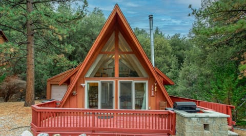 A-Frame cabin nestled in the pine forest.