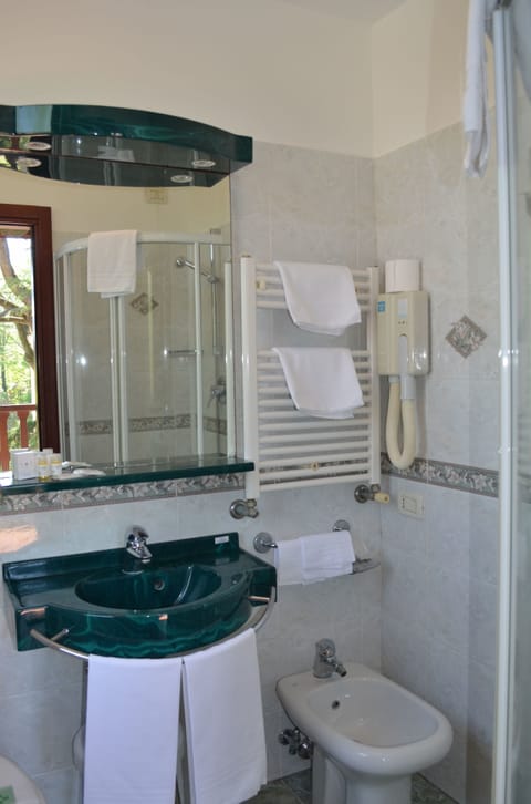 Combined shower/tub, free toiletries, hair dryer, towels