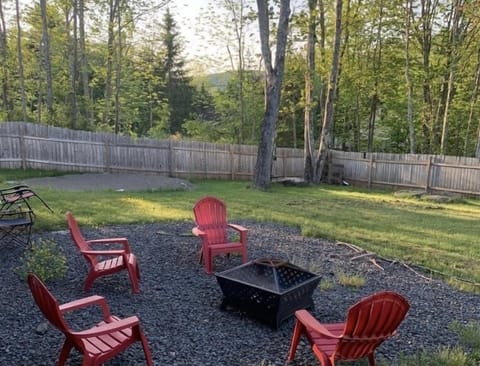 Fully fenced in backyard with views and fire pit