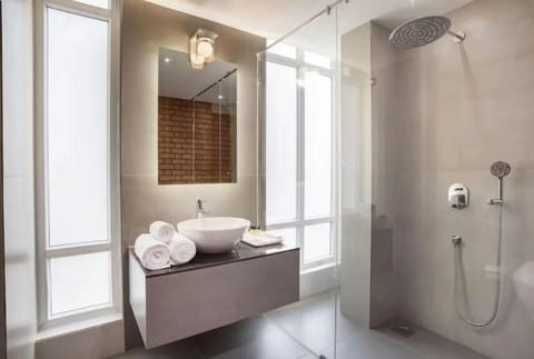 Pool view with Balcony | Bathroom | Shower, free toiletries, towels, soap