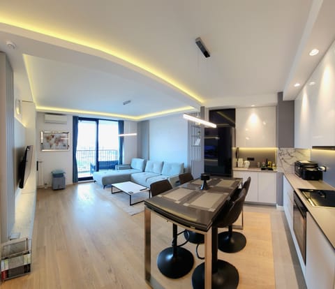 The main space, a living room connected with an open space kitchen with a table