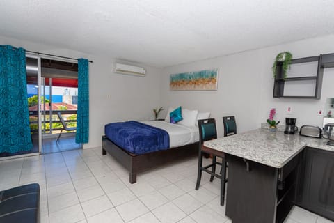 Modern studio with Queen-size bed, futon, 50-inch LED Flat-Screen TV.