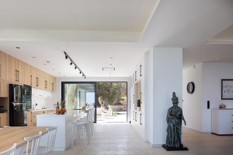 The open-plan living and kitchen area features direct outdoor access