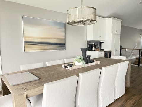 Large dining room table with lake views