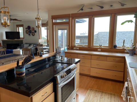 Kitchen with view of ocean. 