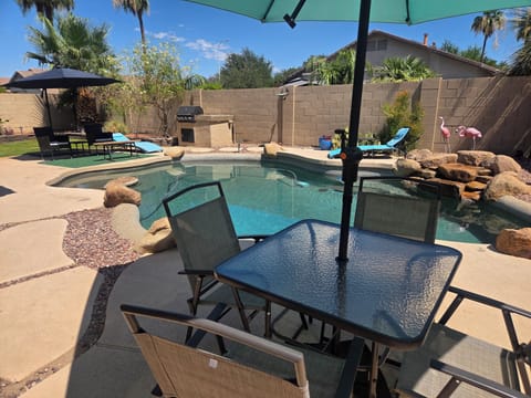 Pool area with waterfall feature