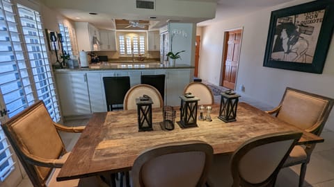 The chef's kitchen and dining area