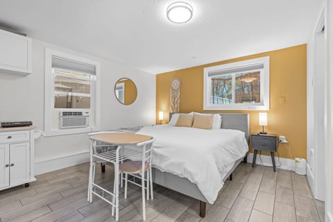 Experience serenity in our charming studio, complete with a private entrance leading to your own peaceful bedroom, featuring a comfortable king-sized bed, heated floors, and everything you need for the ultimate in relaxation.