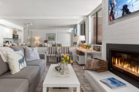 Cozy Living Area with a Queen Sofa Sleeper and Gas Fireplace
