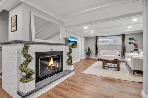 Fireplace is not operational, photo is digitally enhanced