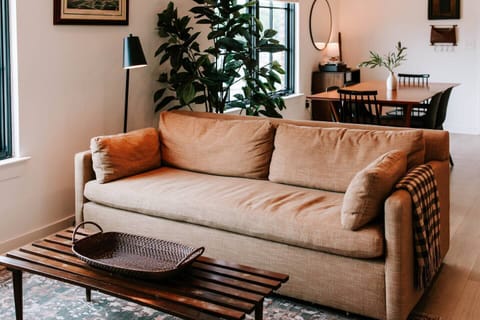 Sink into relaxation: this living room boasts a comfortable sofa that pulls out into a queen-sized bed, inviting you to unwind and enjoy moments of comfort and peace.