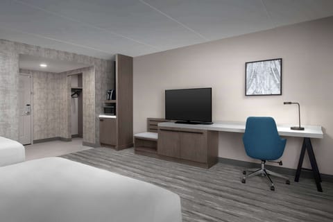 Desk, laptop workspace, blackout drapes, iron/ironing board