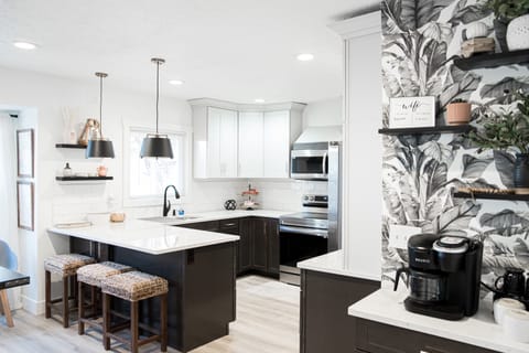 Choose your brew Keurig coffee bar, fully stocked coffee choices creamer, sugar.