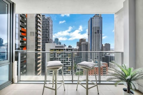 Enjoy city views from the balcony.