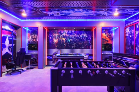 Equipped with foosball, air hocky, and computer games, its perfect for fun-filled family nights.