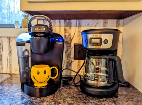 Auto drip and Keurig coffee machines provided with coffee, kcups and teas
