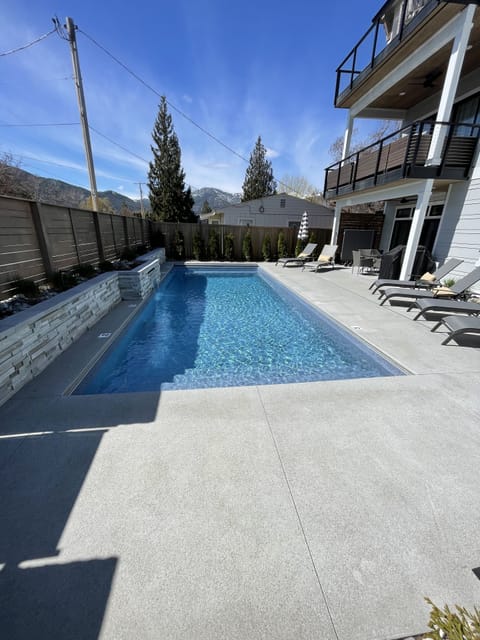 Pool/deck area with front of house, decks, patio