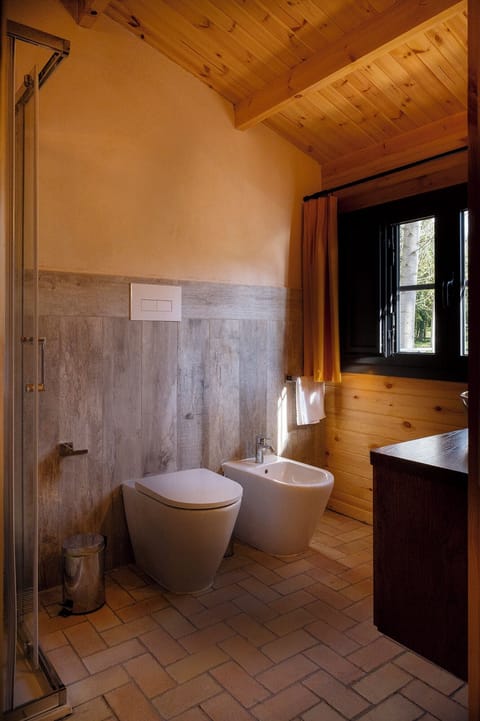 Shower, rainfall showerhead, free toiletries, hair dryer