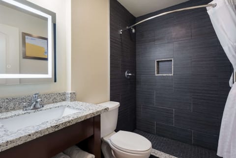 Shower, free toiletries, hair dryer, towels