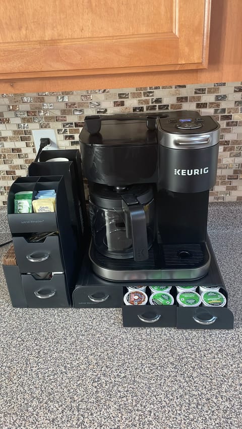 Coffee bar - bean grinder, electric kettle, French press, and more are offered