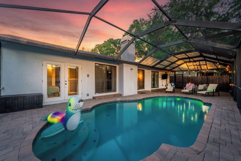 Sreened-in backyard oasis with a heated saltwater pool free from mosquitos.