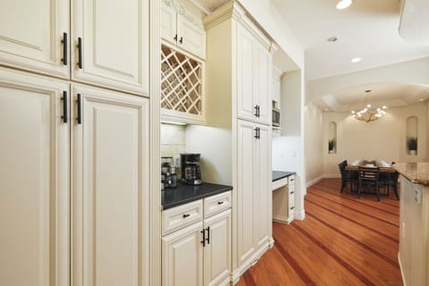 The well appointed kitchen includes a coffee bar with espresso machine, milk steamer, 12 cup coffee machine and french press.  Good morning!