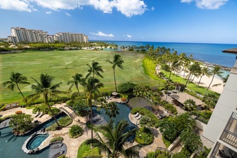 Lanai view of the Marriott Beach Club, pools, and beach