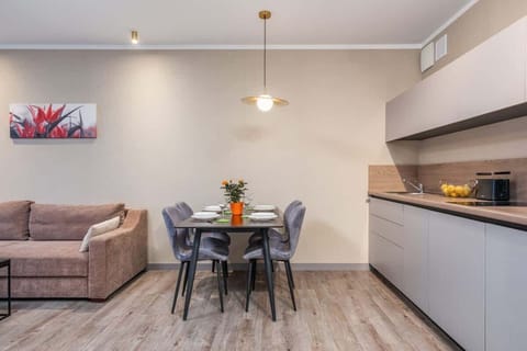 Fully equipped kitchenette with an  induction hob, fridge, freezer, kettle, dishwasher, microwave, toaster, coffee maker and dining area