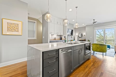 The kitchen at Casa Tiffani has plenty of amenities to help you start your day off right, Including a stocked coffee bar with a Nespresso and Drip Coffee Maker.