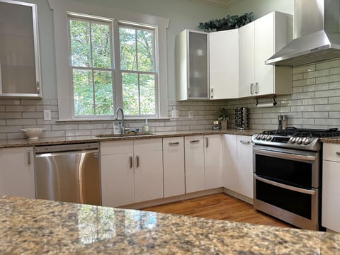 There is a double oven and gas stove.