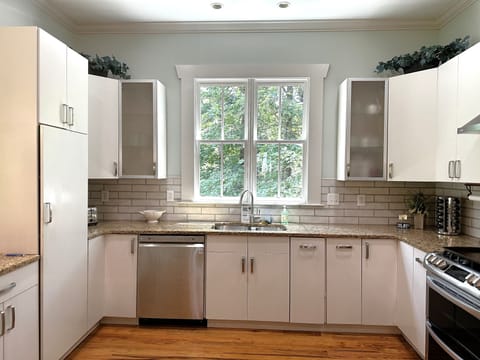 Spacious chef's kitchen has everything! 
Waffle iron, crock pot, basic spices.