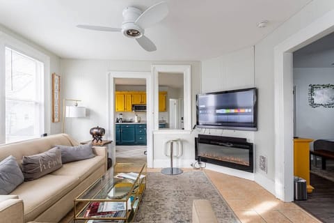 Flat-screen TV with the option to use your streaming accounts.