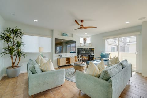 Living area on second floor with fire place