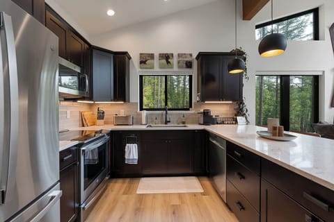 Large, well-stocked kitchen