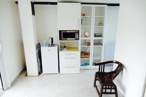 Microwave, espresso maker, electric kettle, coffee grinder