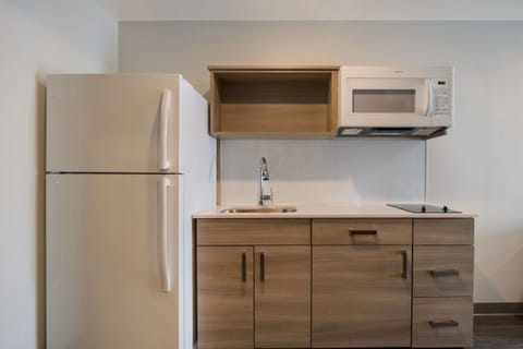 Full-size fridge, microwave, stovetop