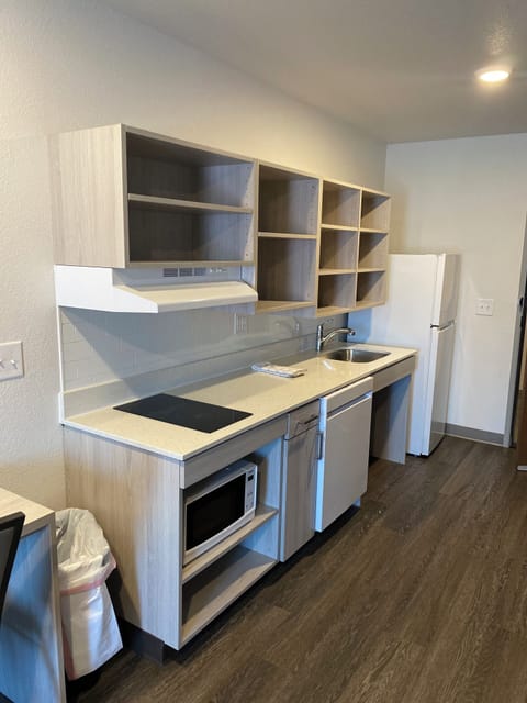 Queen Suite w/ Dishwasher (Dishes/Cookware Included) Accessible Roll-in Shower | Private kitchenette | Full-size fridge, microwave, stovetop, freezer